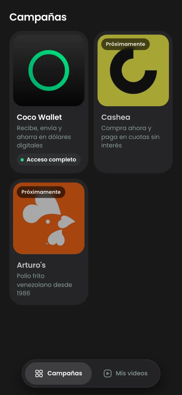 Pantalla Campañas de Creadores con la campaña de Coco Wallet